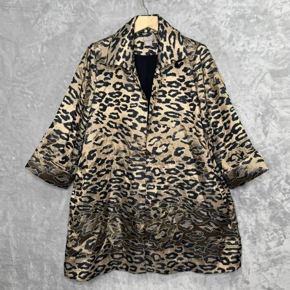 Chicos Jacket Womens 8/10 Brown Black Shimmer Animal Print Topper Open Front